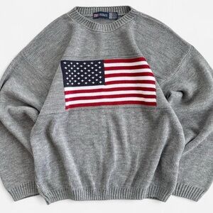 Vintage Faded Glory Grey Knit American Flag Crewneck Sweater